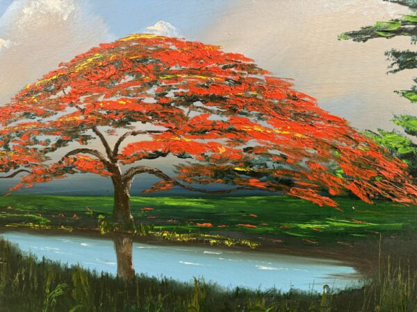 Isaac Knight Red Tree on the Lake Painting Close Up